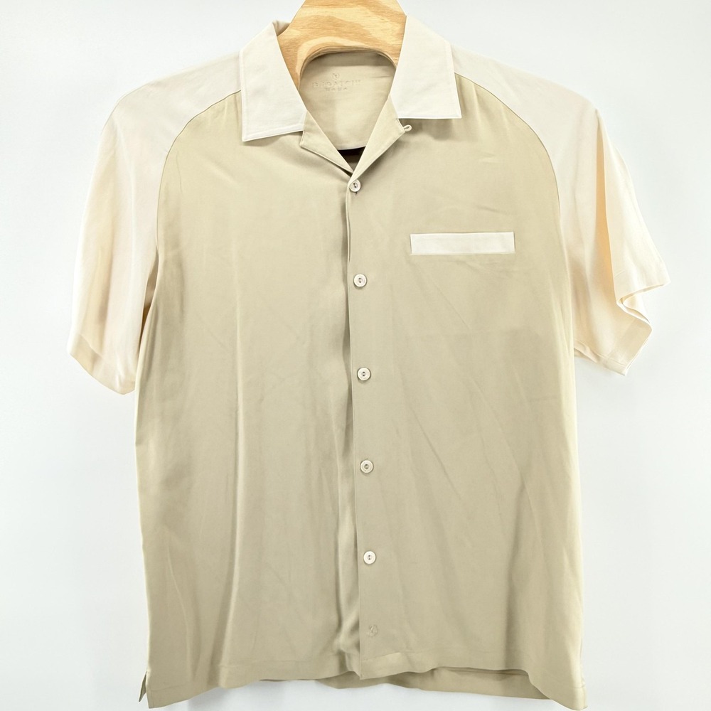 Bugatchi Uomo Shirt Mens XL Beige Ivory 100%‎ Silk Short Sleeve Button Front